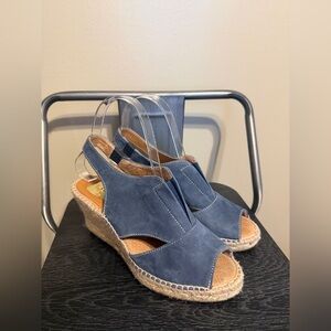 Kanna Spain Blue Leather Espadrille Wedge Sandals EU 37 US 6.5 Peep Toe